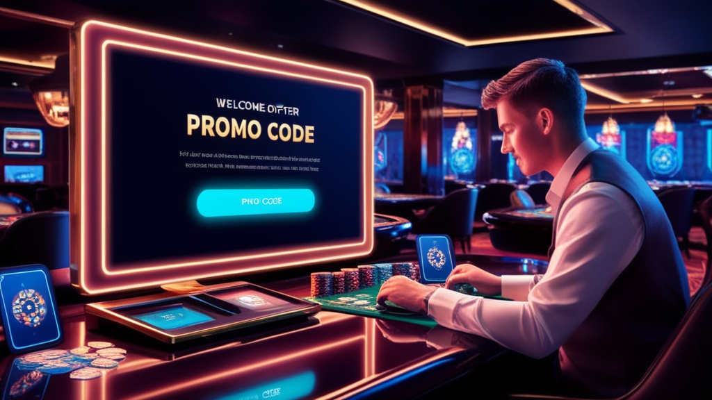 Ecrã de casino com campo para código promocional e ambiente neon