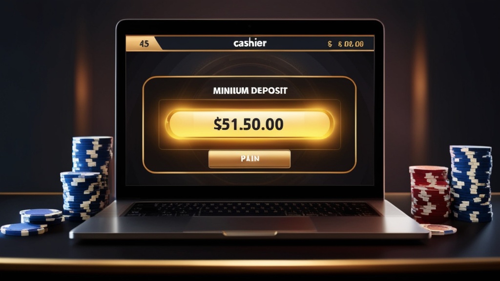 Ecrã de casino a mostrar o depósito mínimo e uma mesa com fichas
