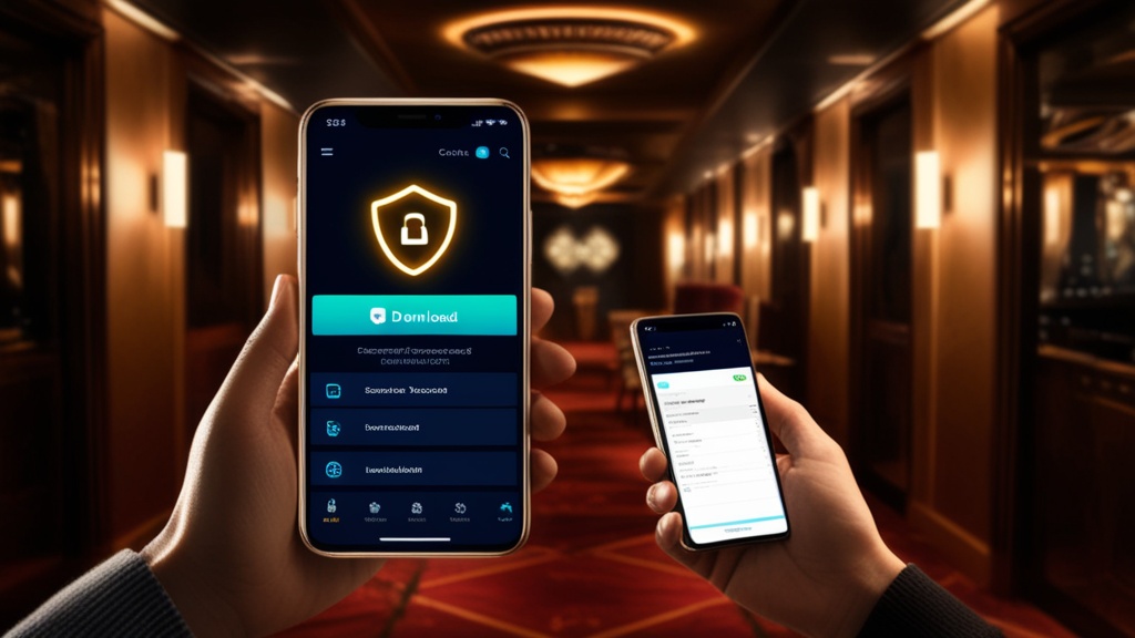 Telemóvel com página segura de download e ícone de proteção num ambiente de casino