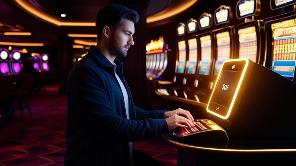 Terminal de acesso com ecrã de login num casino escuro