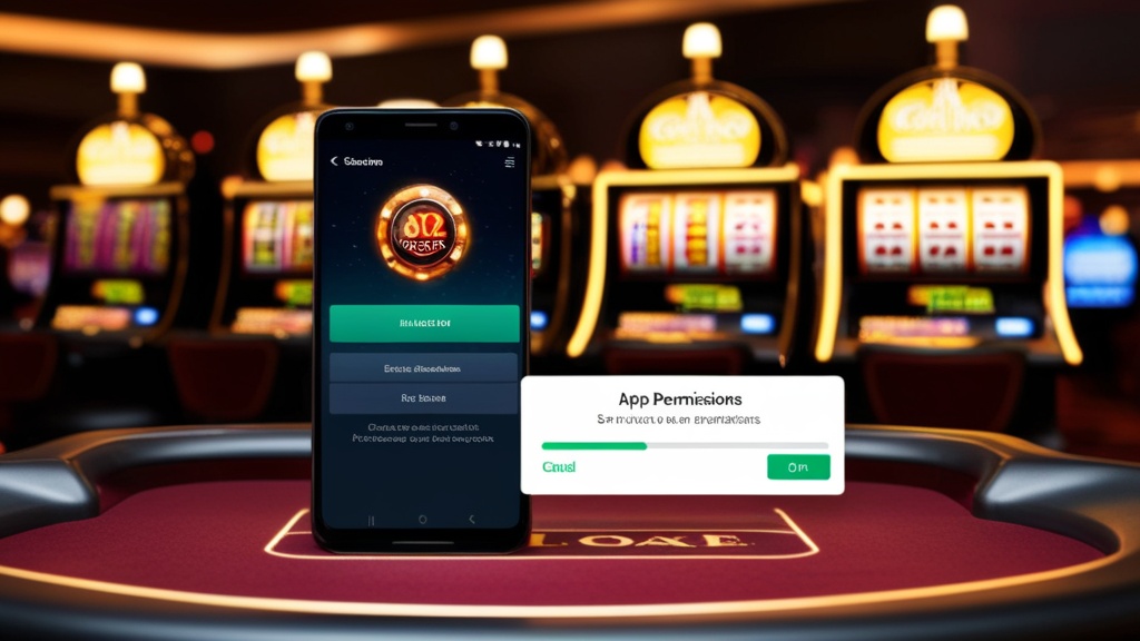 Telefone Android com instalação de APK e fundo de casino em luz neon