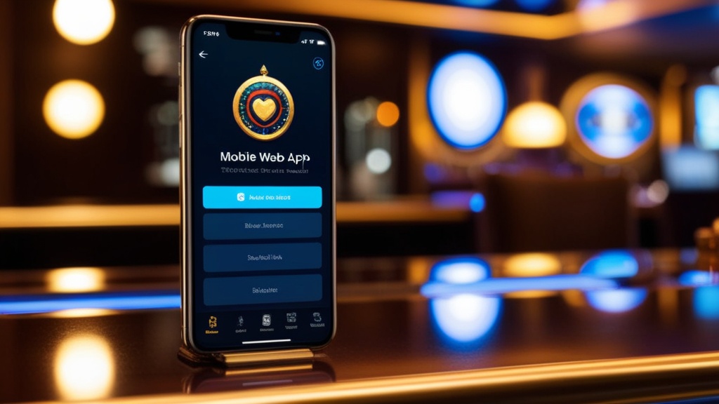 iPhone com atalho de acesso e interface móvel da aplicação num cenário de casino
