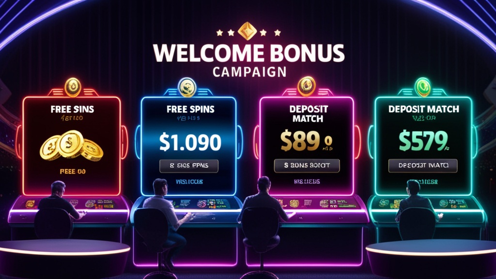 Cartões de campanhas de bónus para novos jogadores num ambiente de casino neon